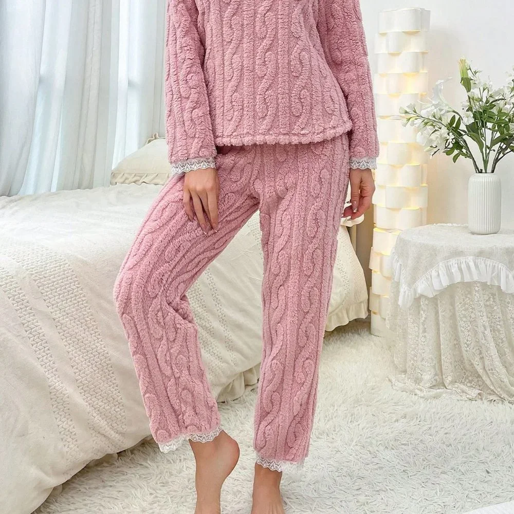 Pink Casual Womens Lace Trim Flannel PJ Set - Picture 3 of 5